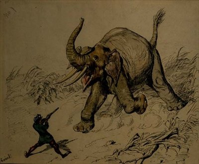 Shoot de elefante (caneta e tinta, aguarela sobre papel) de Ernest Henry Griset
