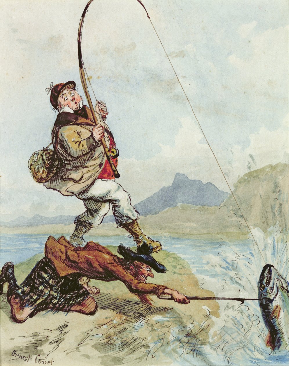 Viagem do feriado do Sr. Lovejoy às Highlands Salmon Trout Fishing, de uma série de oito (veja também 91103) de Ernest Henry Griset