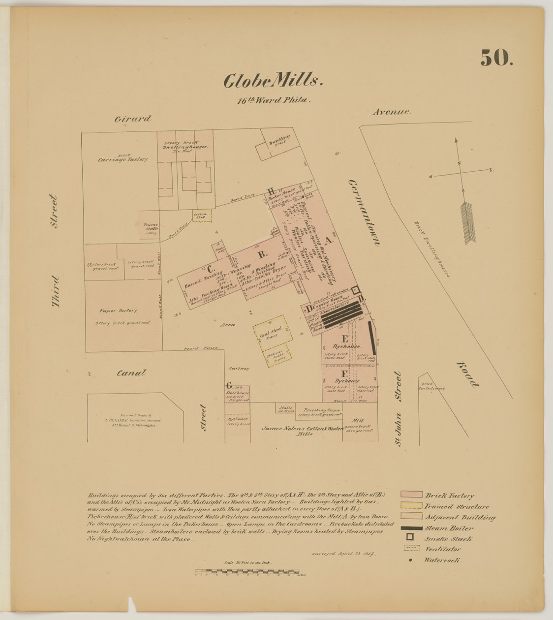 Avenida Girard, Germantown Rd, 3ª Rua e Canal Street, Pesquisa Geral Hexamer, 1867 de Ernest Hexamer