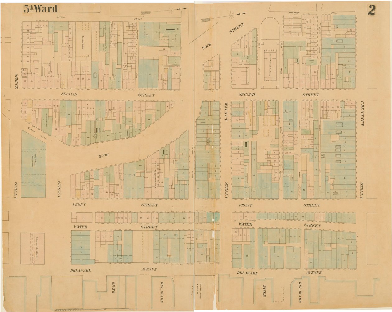 Mapas da cidade de Filadélfia, volume 1, chapa 2, 1860 (gravura colorida à mão) de Ernest Hexamer