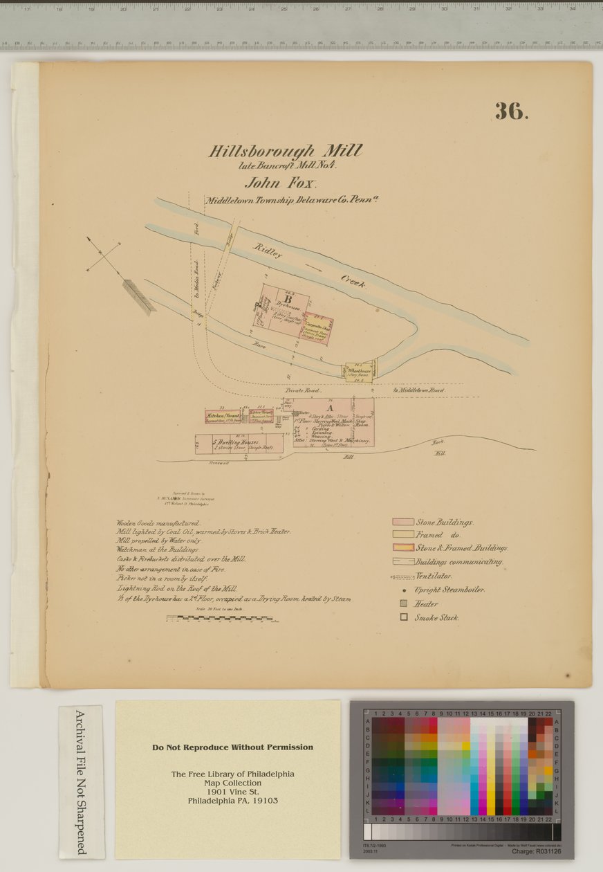 Plano para o moinho de Hillsborough, Middletown Township, Delware, ilustração de &39;Hexamer General Surveys&39; (caneta e tinta com papel lavado) de Ernest Hexamer