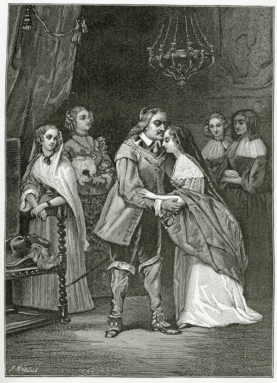Cromwell e suas filhas, do século XIX (gravura bw) de Ernest Hillemacher