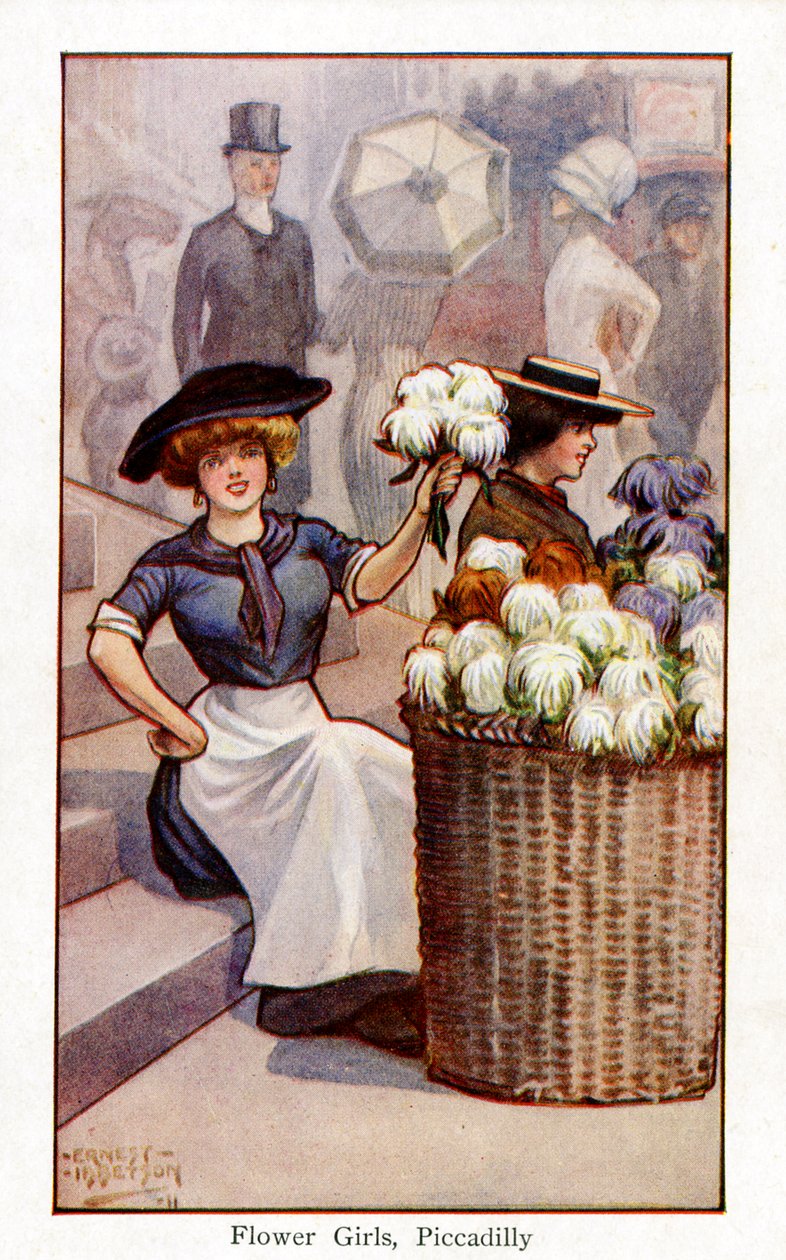 Vendedores de flores a trabalhar, Piccadilly, Londres de Ernest Ibbetson