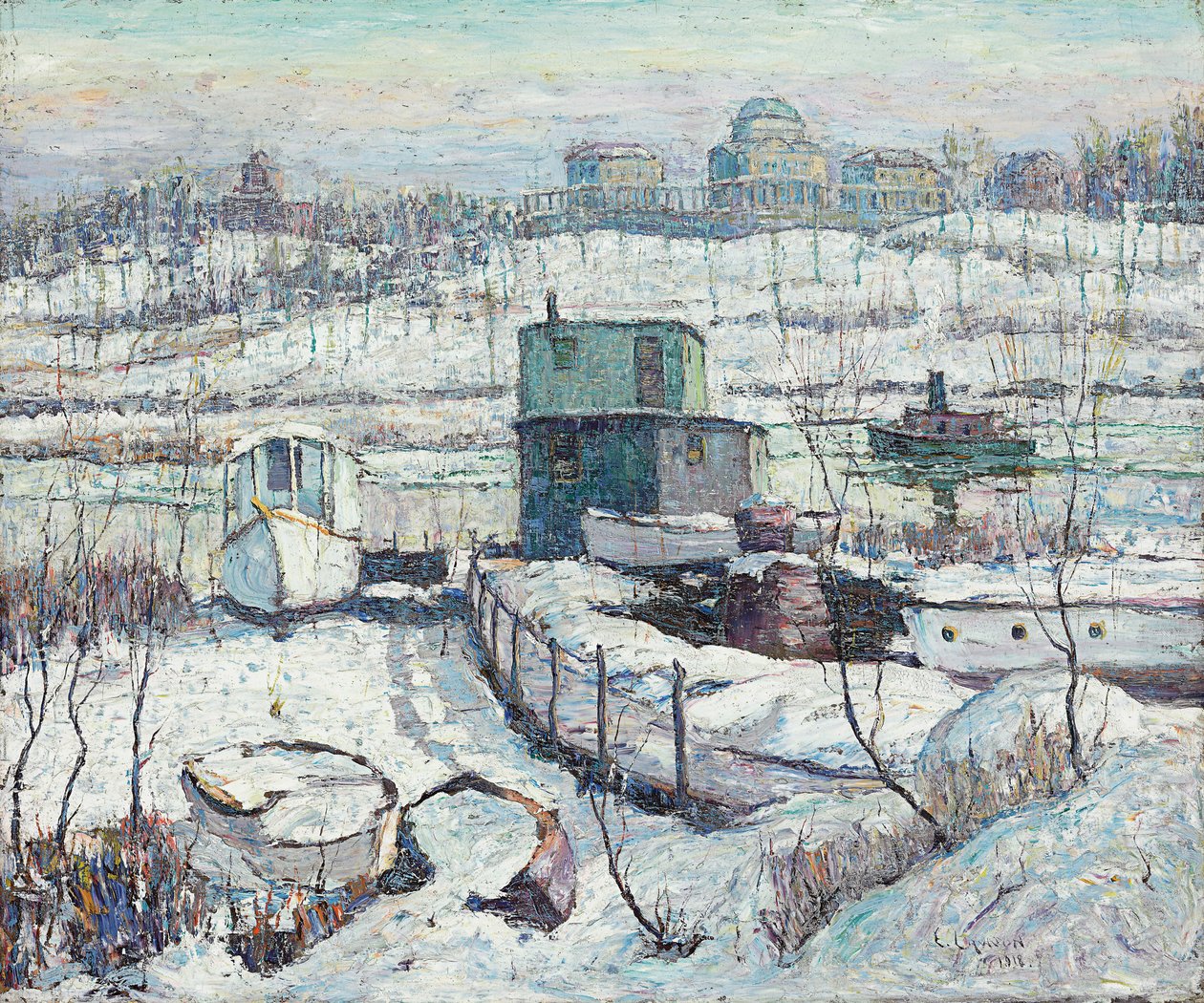 Casa de barcos, inverno, rio Harlem de Ernest Lawson