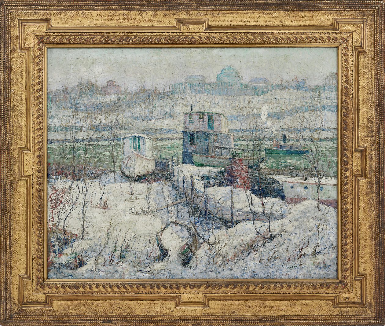 Boathouse, inverno, rio Harlem, c.1916 de Ernest Lawson