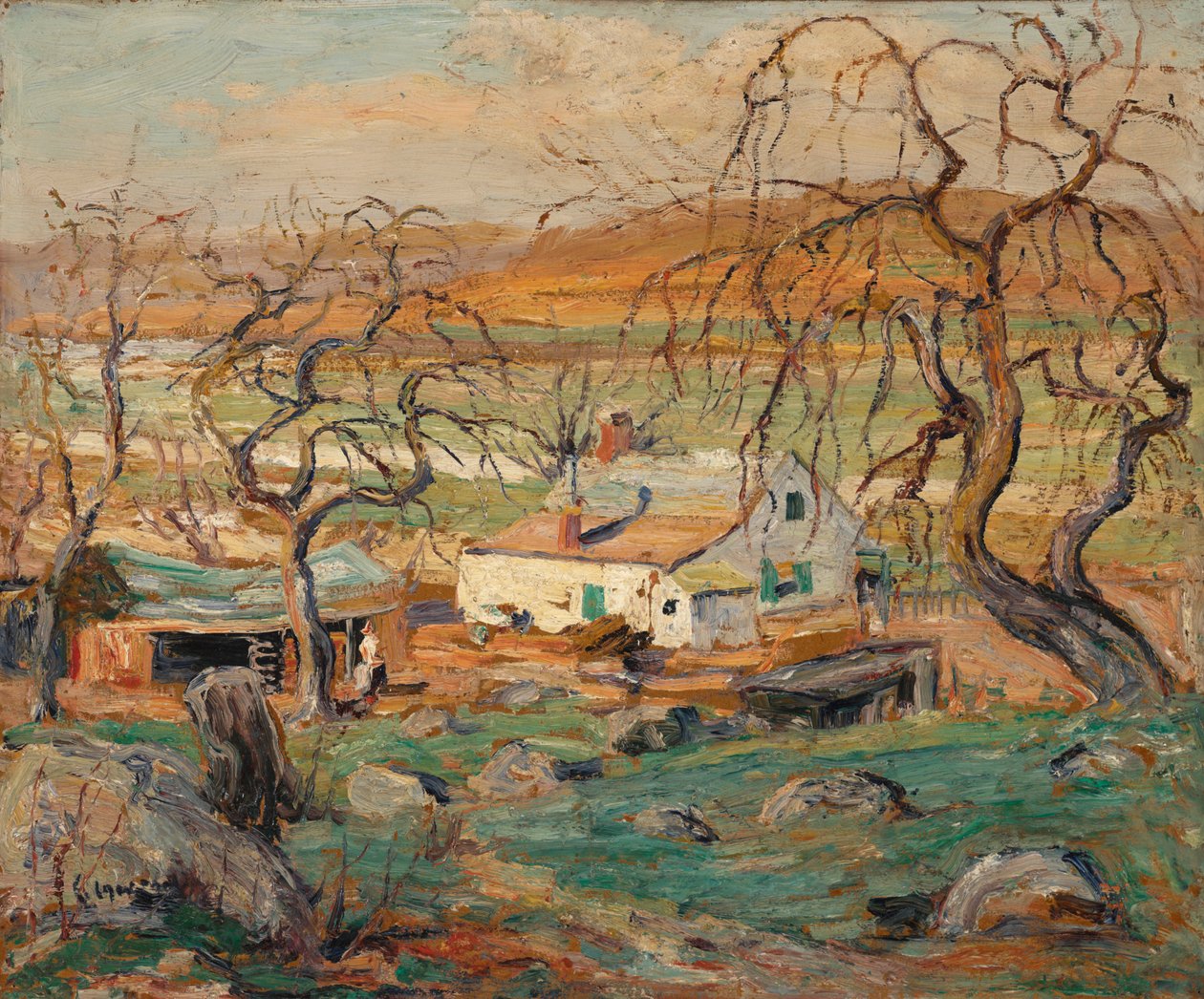 Paisagem com árvores retorcidas (óleo sobre papelão) de Ernest Lawson