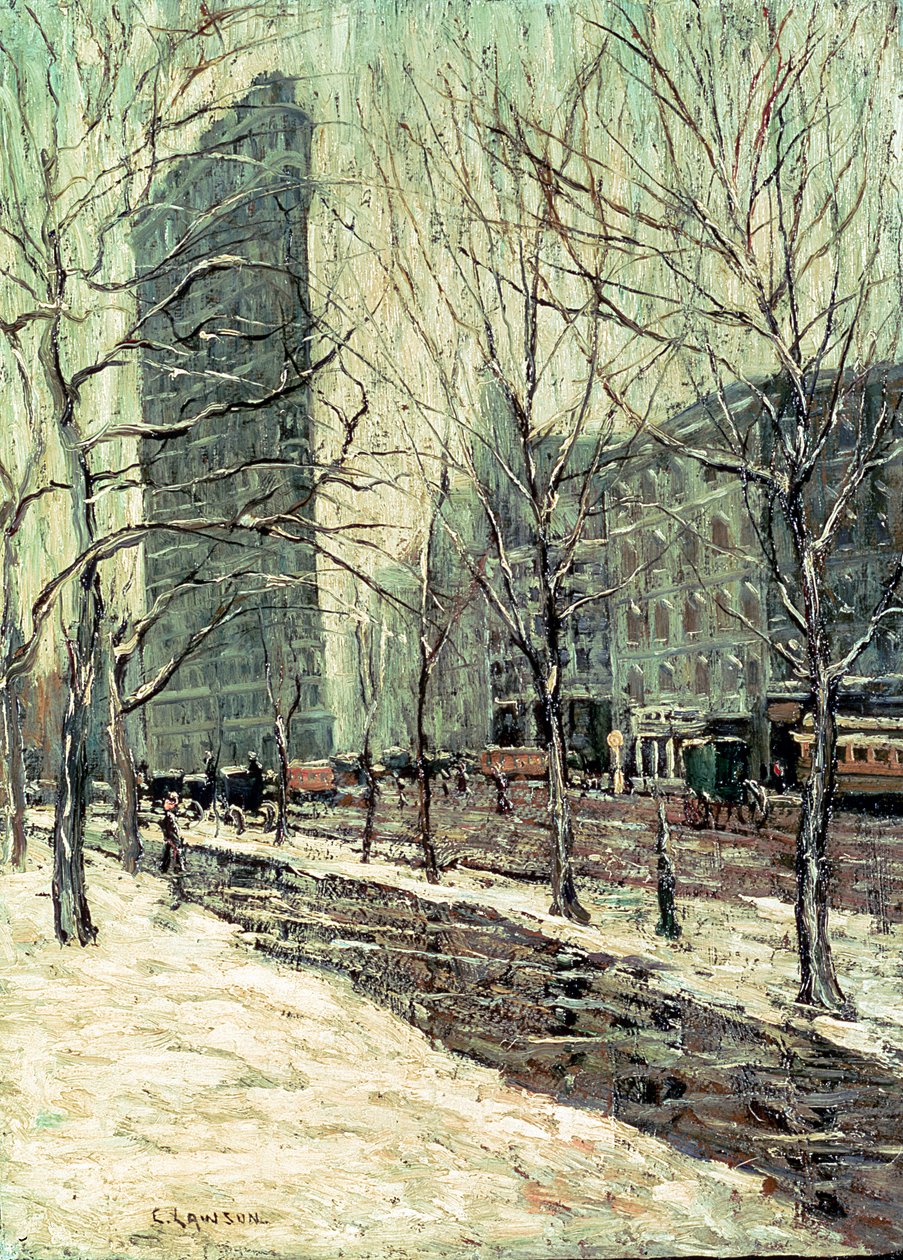 The Flatiron Building, Nova York, c.1903-05 (óleo a bordo) de Ernest Lawson