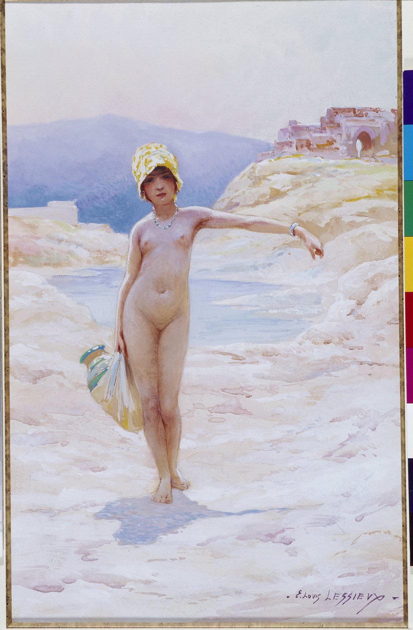 Garota argelina tem o jarro Uma garota nua usando um chapéu usando um jarro de água perto de uma fonte de água de um oásis no deserto. Aquarela de Louis Ernest Lessieux (1874-1925) Menção obrigatória: Coleção fondation concern de Provence, Marselha de Ernest Louis Lessieux