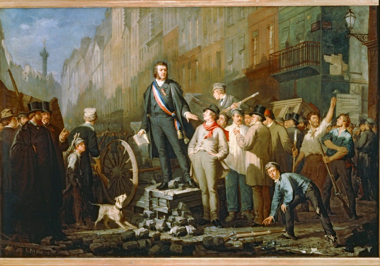 Jean-Baptiste Alphonse Baudin nas barricadas de Saint-Antoine, perto de Paris, após o golpe de Estado de 2 de dezembro de 1851 ... (pintura sobre tela) de Ernest Louis Pichio