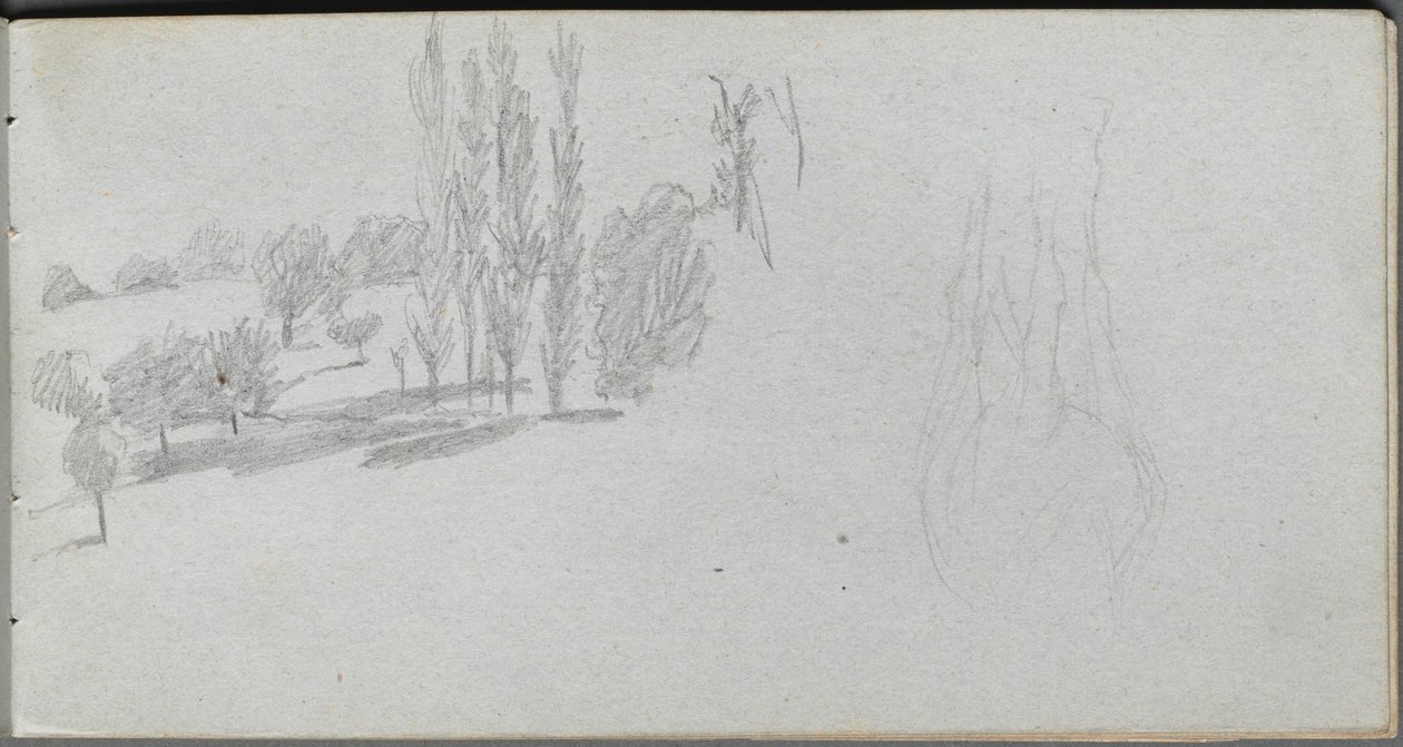 Caderno de desenho, página 18: Estudo de um estudo sobre cavalos e paisagens. de Jean Louis Ernest Meissonier