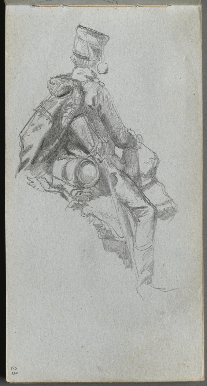 Caderno de desenho, página 23: Soldado sentado. de Jean Louis Ernest Meissonier