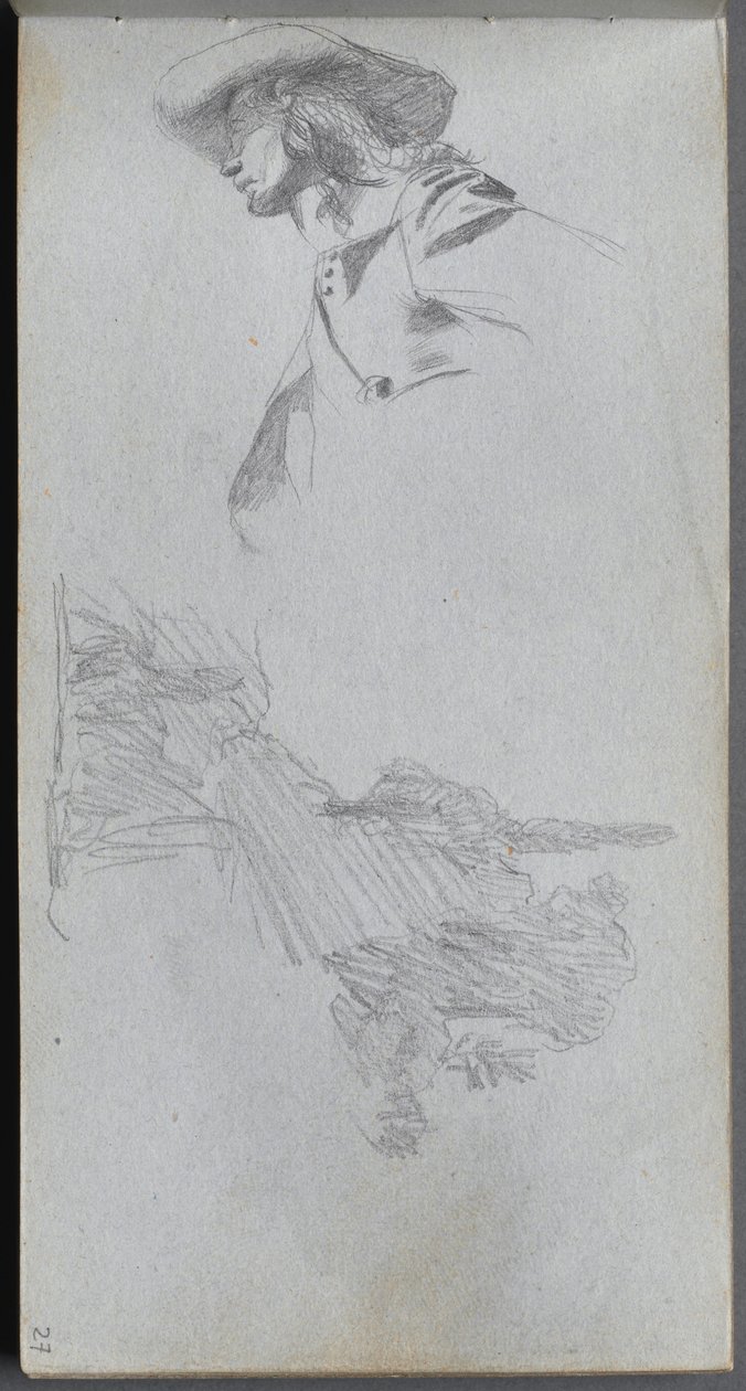 Sketchbook, página 27: Estudo de detalhes para "Em um terraço" e estudo de paisagem de Ernest Meissonier