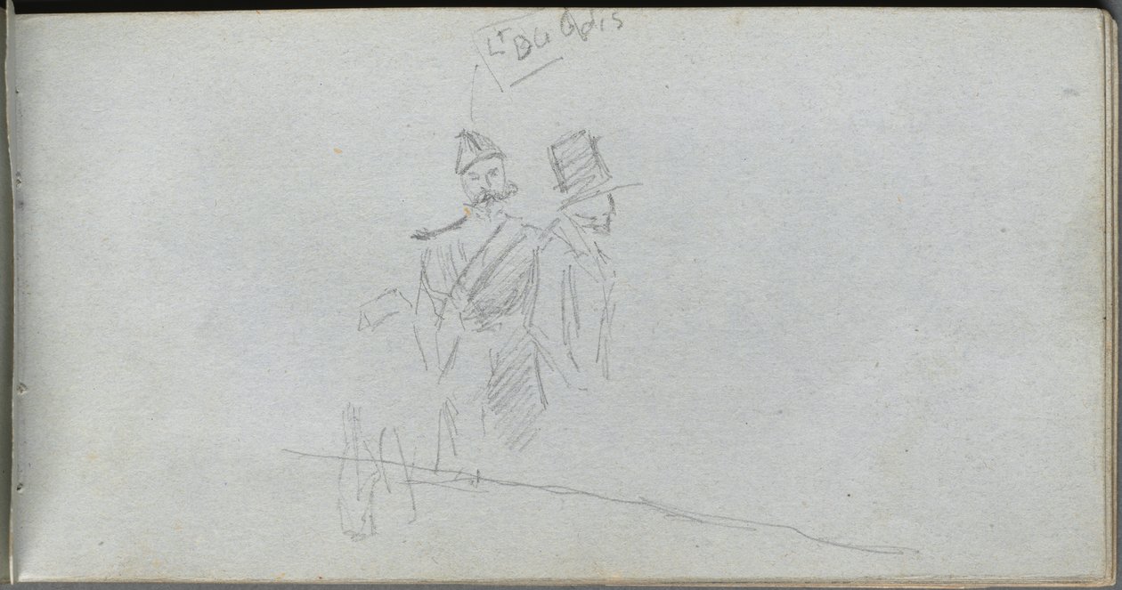 Sketchbook, página 38: Estudo de um soldado e figura em cartola de Ernest Meissonier
