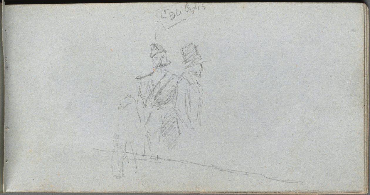 Caderno de desenho, página 38: Estudo de um soldado e figura na cartola. de Jean Louis Ernest Meissonier