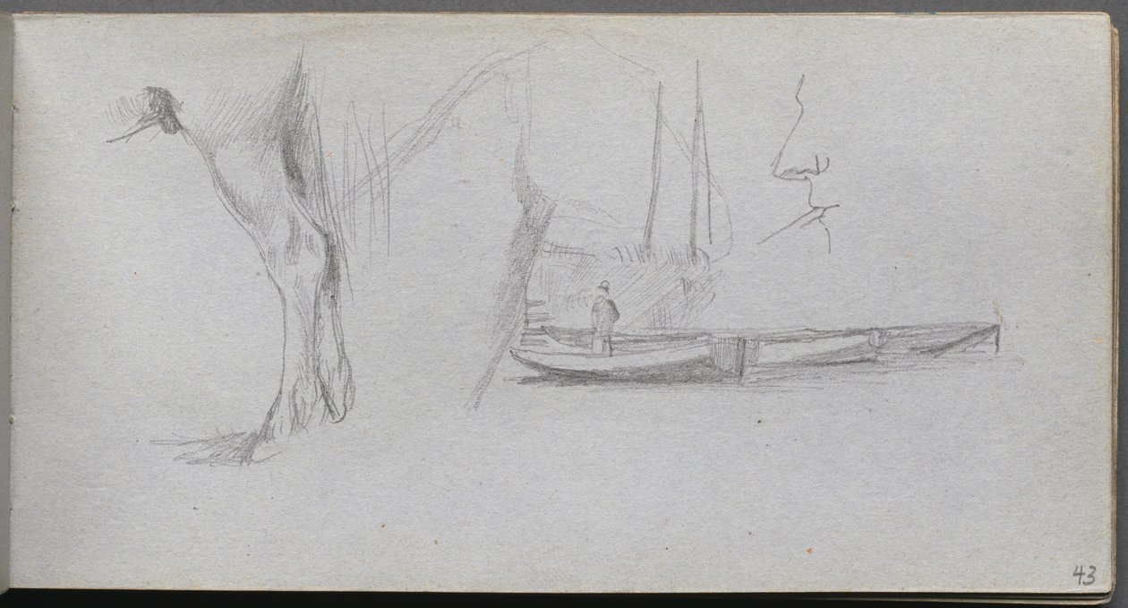 Caderno de desenho, página 43: Estudos: Perna de cavalo, Figura em um barco e Perfil. de Jean Louis Ernest Meissonier