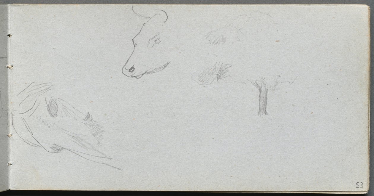 Sketchbook, página 53: Estudos em Animais e Estudo em Árvores. de Jean Louis Ernest Meissonier