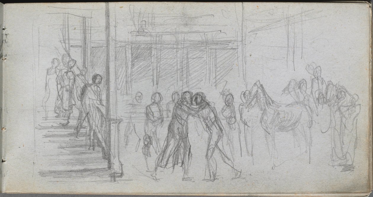 Caderno de desenho, página 62: Estudo de figuras, Escada, Cavalo. de Jean Louis Ernest Meissonier