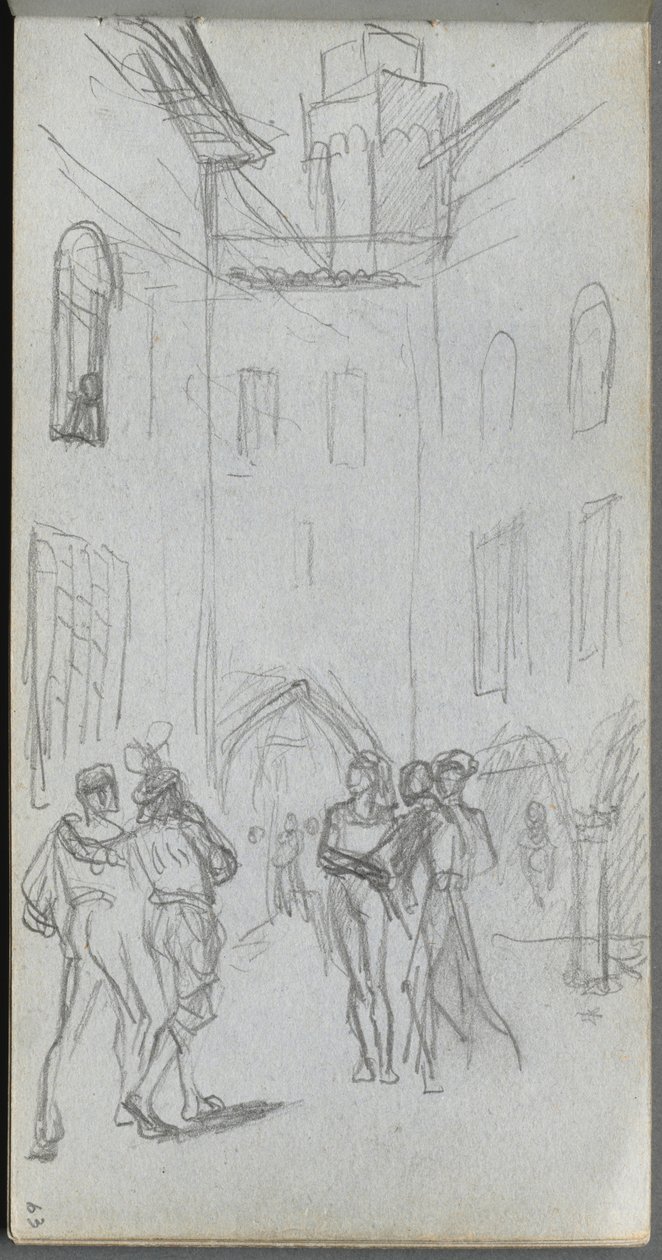 Caderno de desenho, página 63: Figuras em um pátio. de Jean Louis Ernest Meissonier