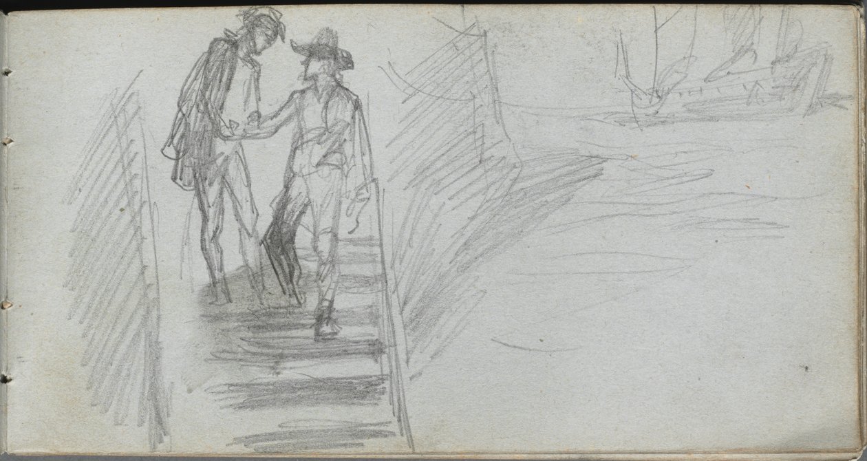 Caderno de desenho, página 64: Figuras em uma escada. de Jean Louis Ernest Meissonier