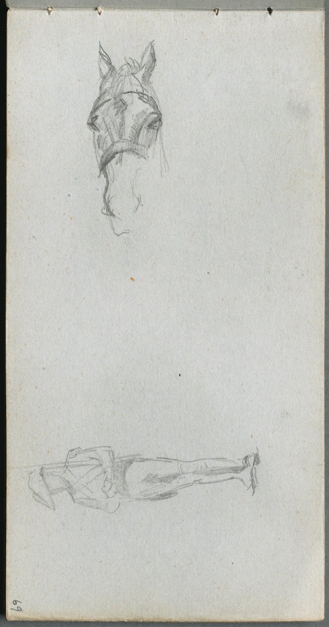 Caderno de desenho, página 69: Estudo de uma mão, um cavalo e uma figura. de Jean Louis Ernest Meissonier
