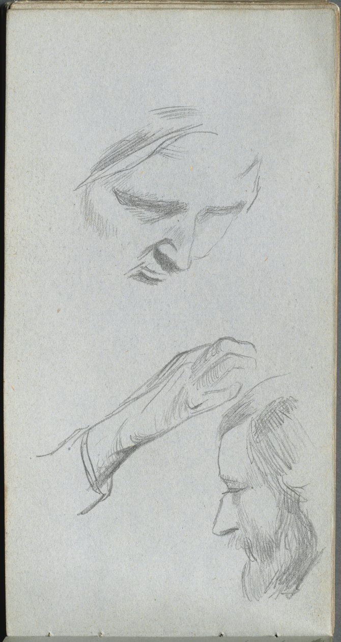 Caderno de desenho, página 70: Estudo de duas faces e uma mão. de Jean Louis Ernest Meissonier