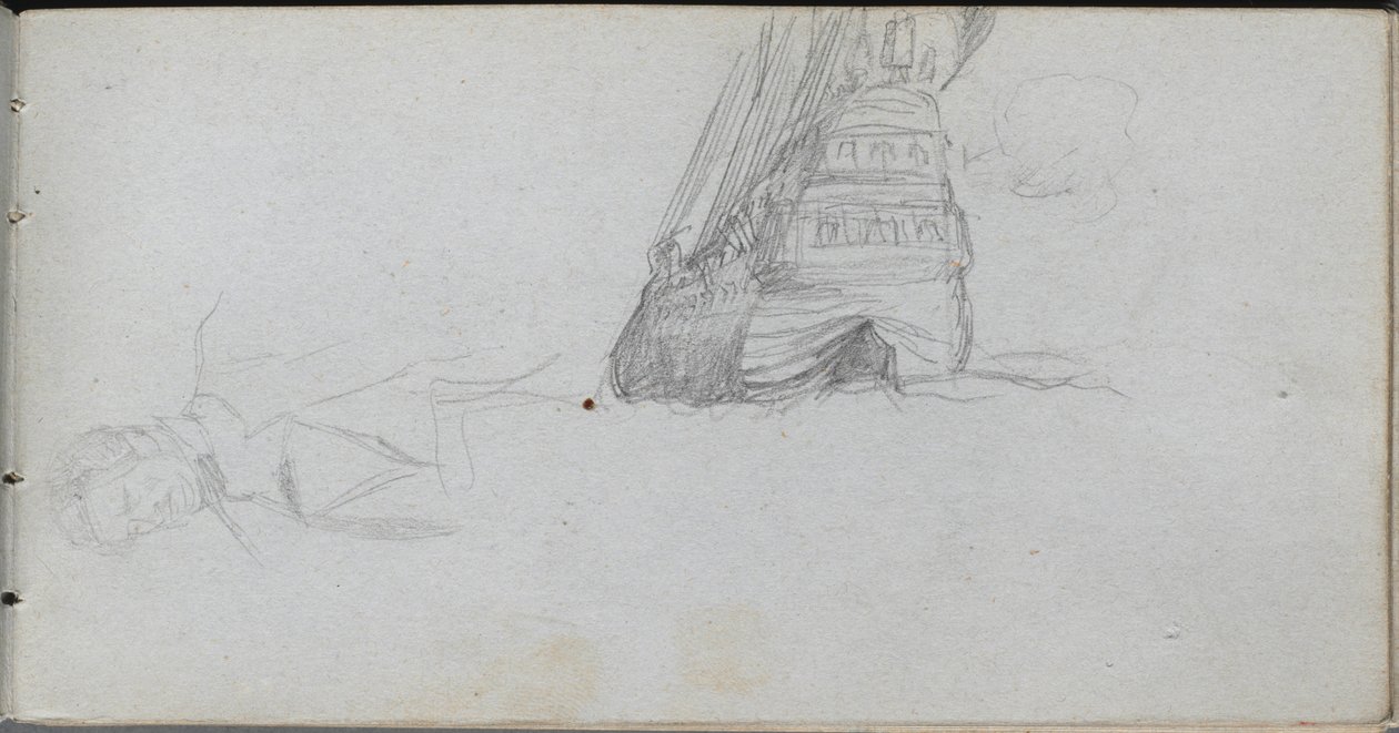 Caderno de desenho, página 84: Estudo de figuras, estudo de um navio. de Jean Louis Ernest Meissonier