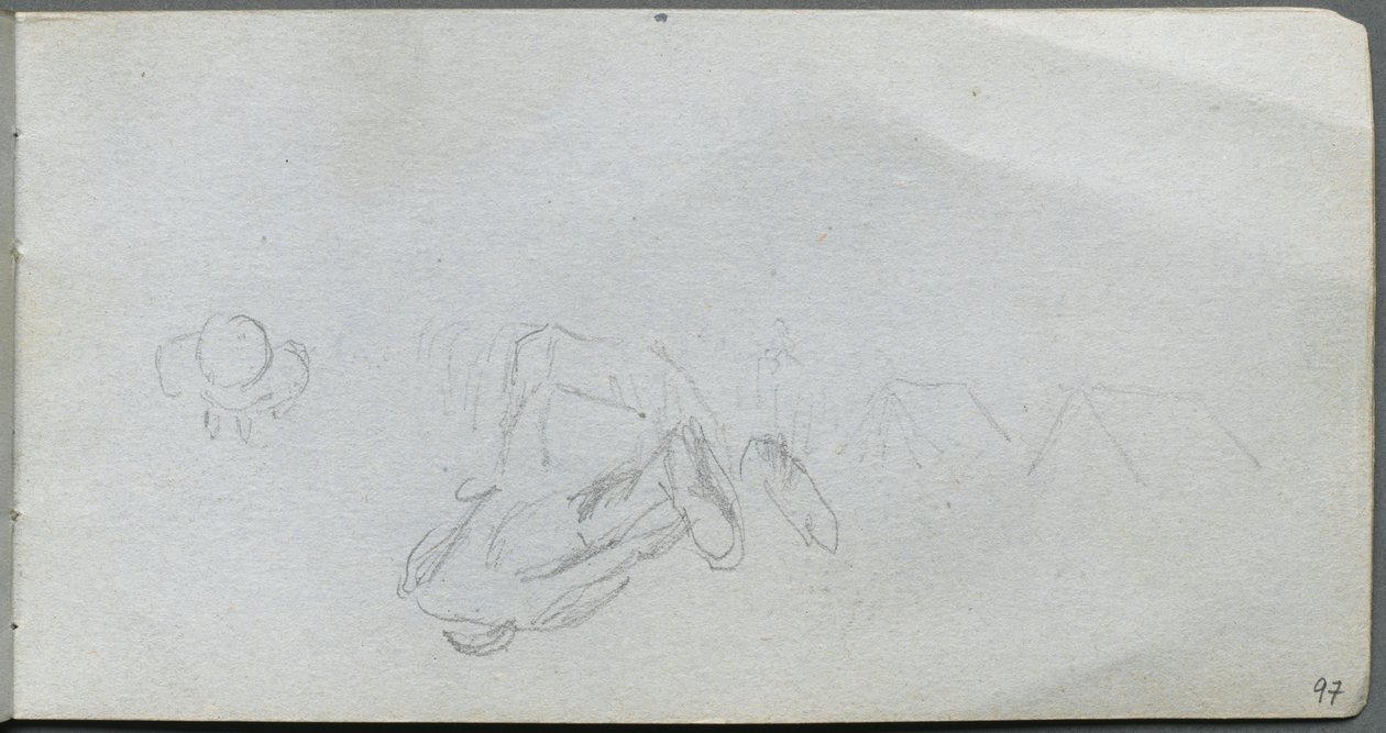 Sketchbook, página 97: Estudo de figuras, edifícios de Ernest Meissonier