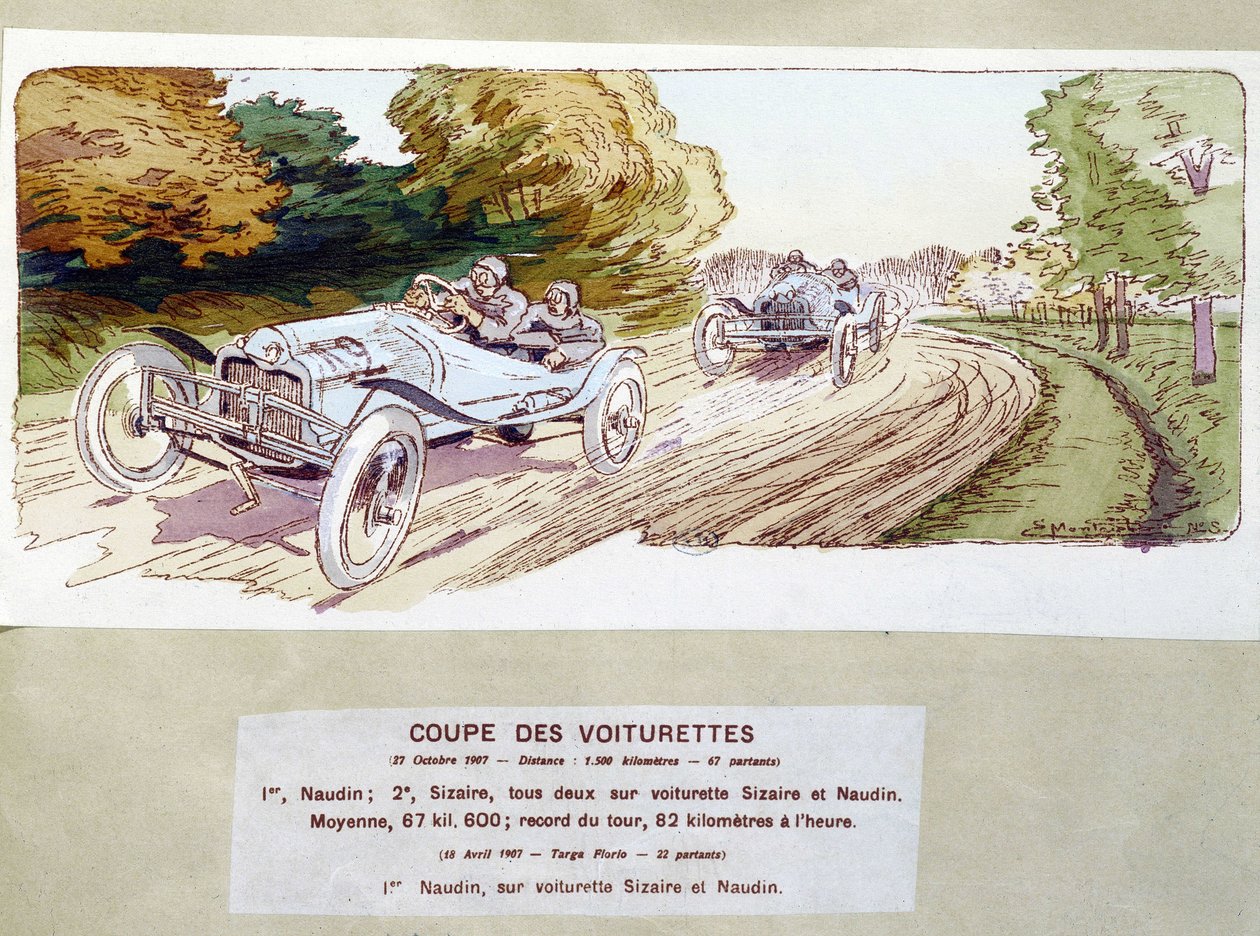 Automobilismo: carros de corte em 1907 - desenho de Ernest Montaut (1878-1909). de Ernest Montaut
