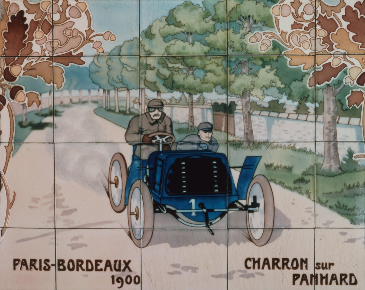 Charron conduzindo um carro Panhard na corrida de Paris a Bordéus de 1900: azulejos de cerâmica fabricados por Gilardoni Fils et Cie de Paris, segundo um desenho de Ernest Montaut (1878-1909) de Ernest Montaut