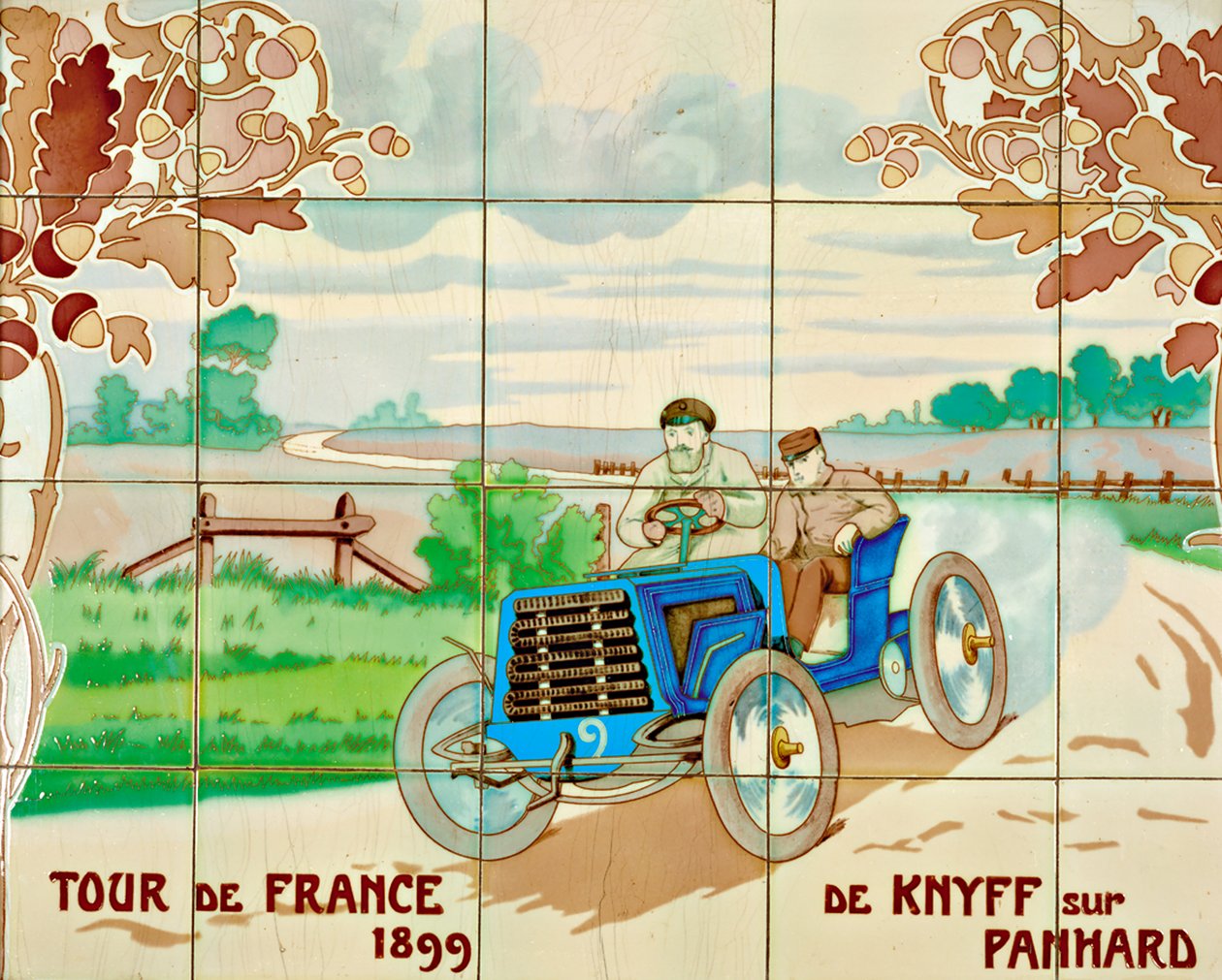De Knyff conduzindo um carro Panhard na Volta a França de 1899: azulejos de cerâmica fabricados por Gilardoni Fils et Cie de Paris, segundo um desenho de Ernest Montaut (1878-1909) de Ernest Montaut