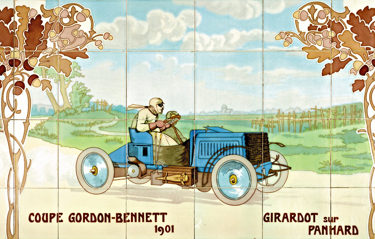 Girardot conduzindo um carro Panhard na Taça Gordon Bennet de 1901: azulejos de cerâmica fabricados por Gilardoni Fils et Cie de Paris, segundo um desenho de Ernest Montaut (1878-1909) de Ernest Montaut