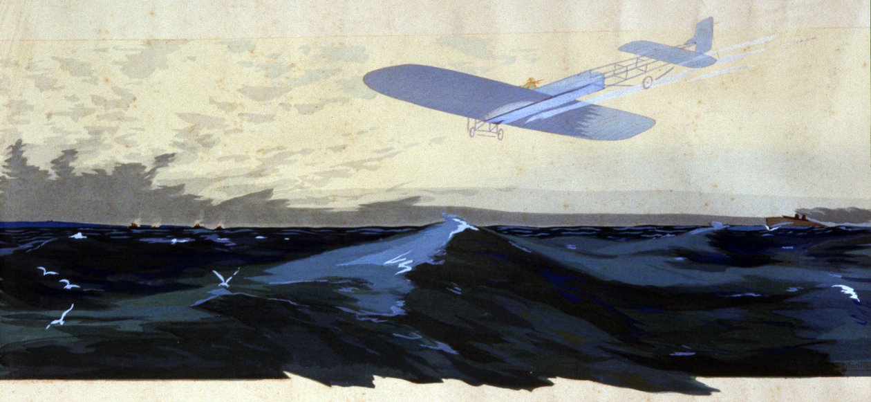 Louis Bleriot: Primeira travessia aérea do Canal da Mancha, c.1920 (ilustração) de Ernest Montaut