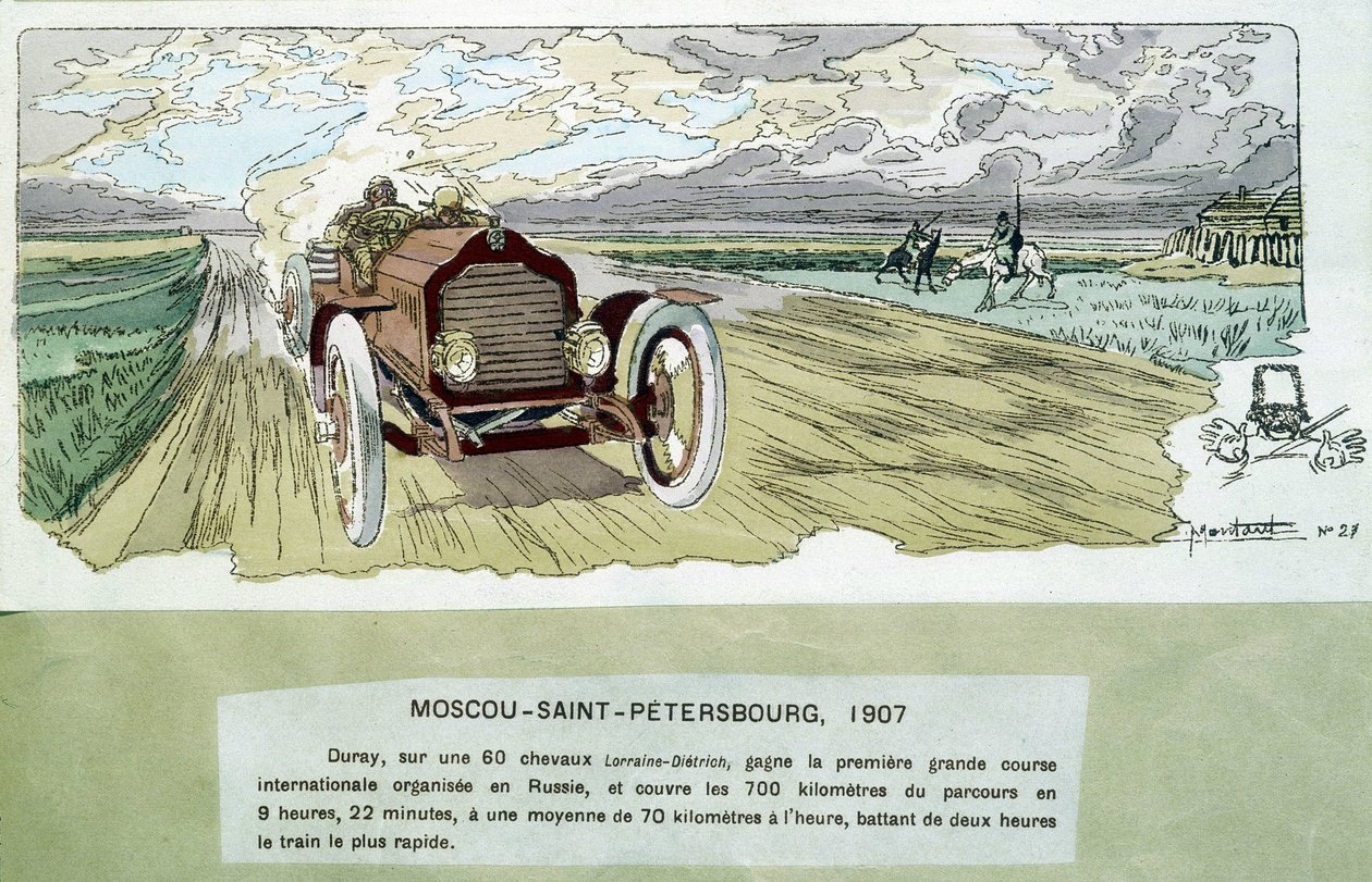 Corrida de carros: Moscovo - São Petersburgo, cerca de 1900 - desenho de Ernest Montaut (1878-1909). de Ernest Montaut