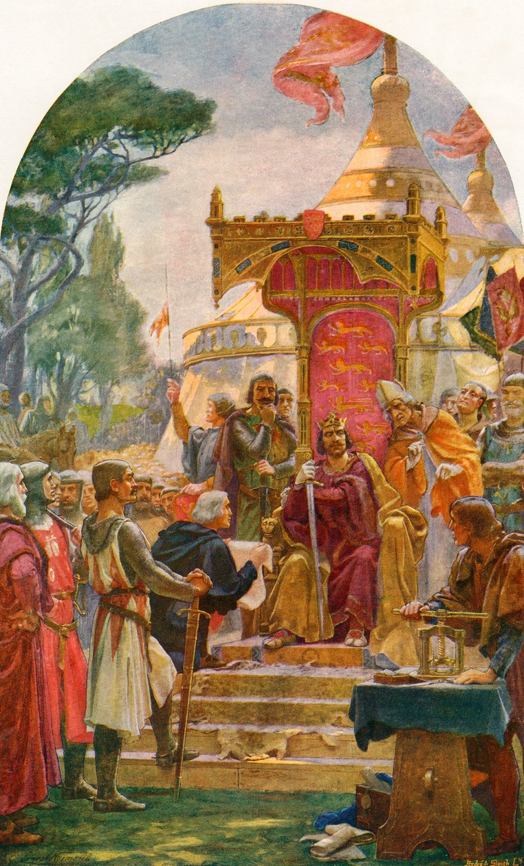 Rei João concedendo a Magna Carta em Runnymede, às margens do rio Tâmisa, perto de Windsor, Inglaterra, em 15 de junho de 1215. De Cassell&39;s History of England, publicado em 1901 de Ernest Normand