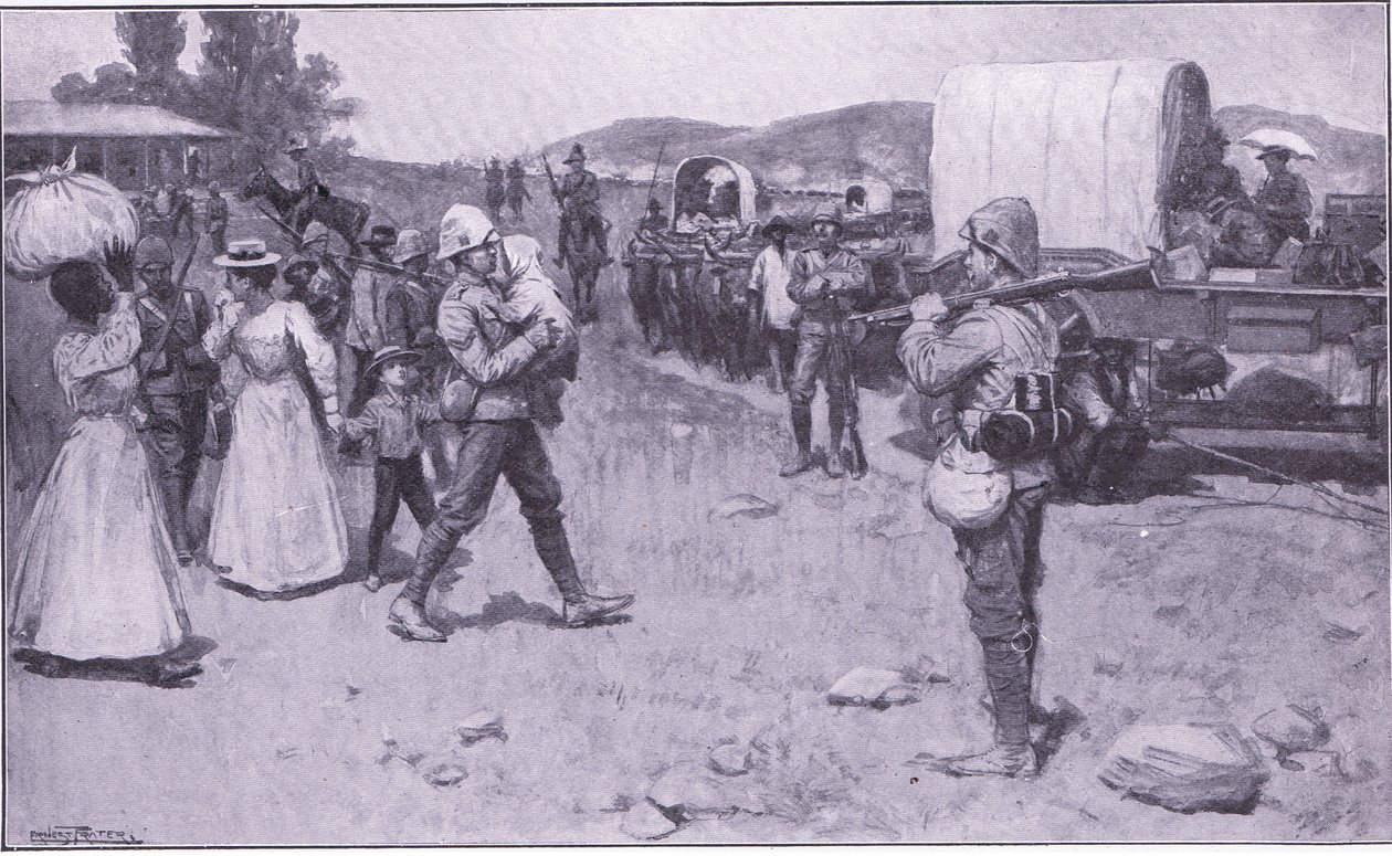 Soldados britânicos que assistem refugiados bôeres, ilustração de After Pretoria: The Guerilla War, 1902 de Ernest Prater