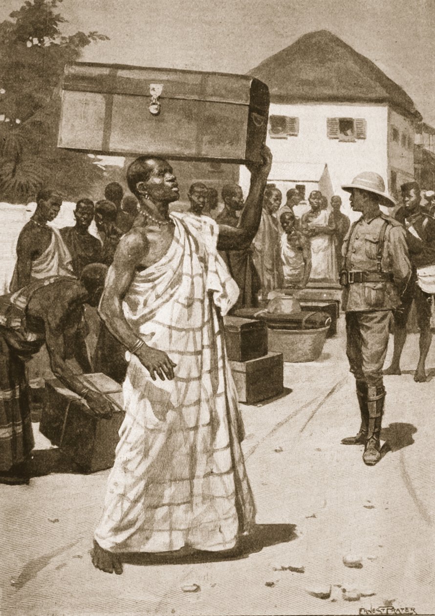 Transportadoras partindo de Cape Coast Castle para Kumassi, ilustração de &39;Battles of the 19th Century: vol. VII, A Guerra Ashanti de 1900 &39;por Archibald Forbes, GA Henty e Major Arthur Griffith de Ernest Prater
