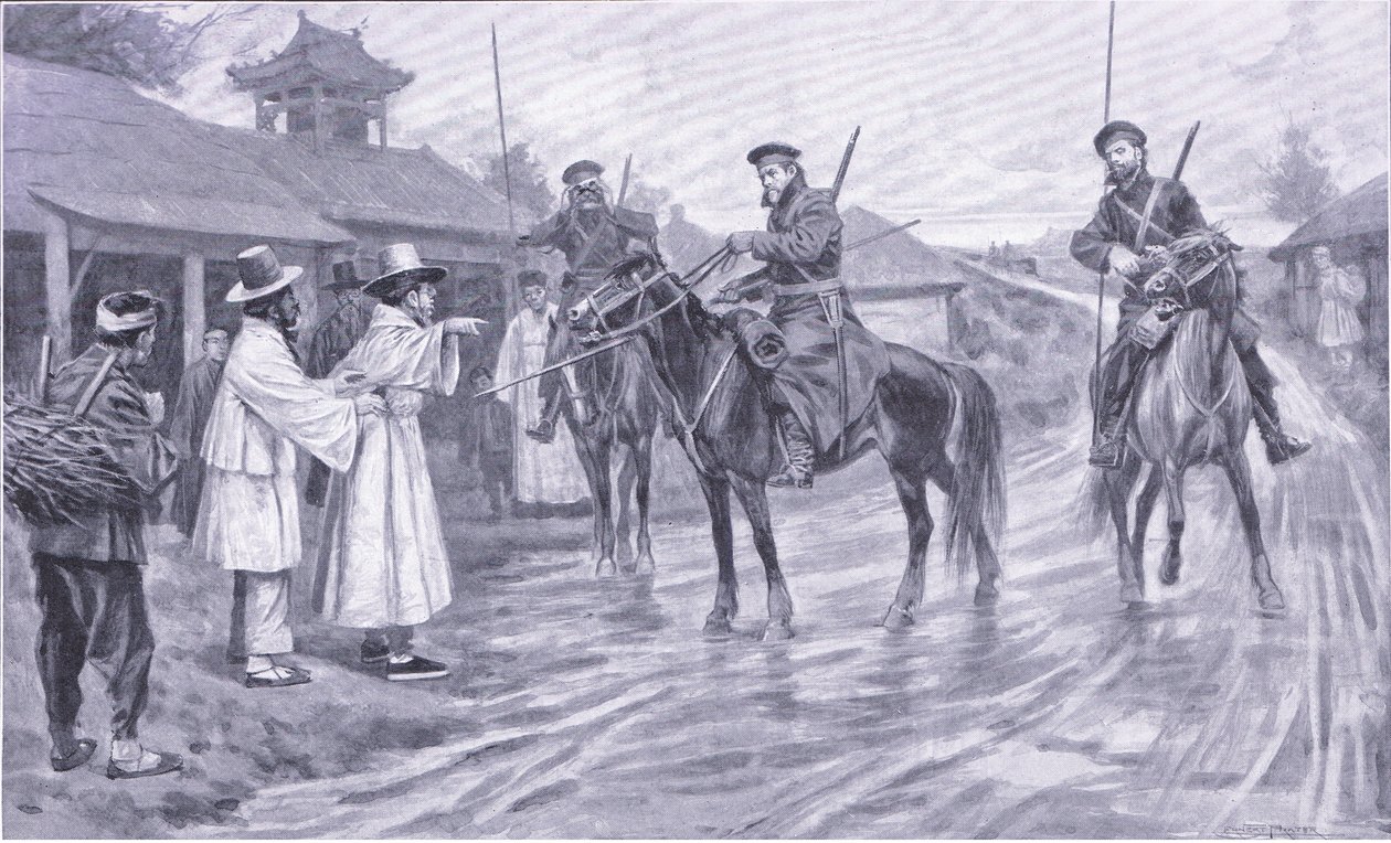 Escoteiros cossacos reunindo informações de um prisioneiro coreano, ilustração deCassells História da guerra russo-japonesa vol 1, c.1900 de Ernest Prater