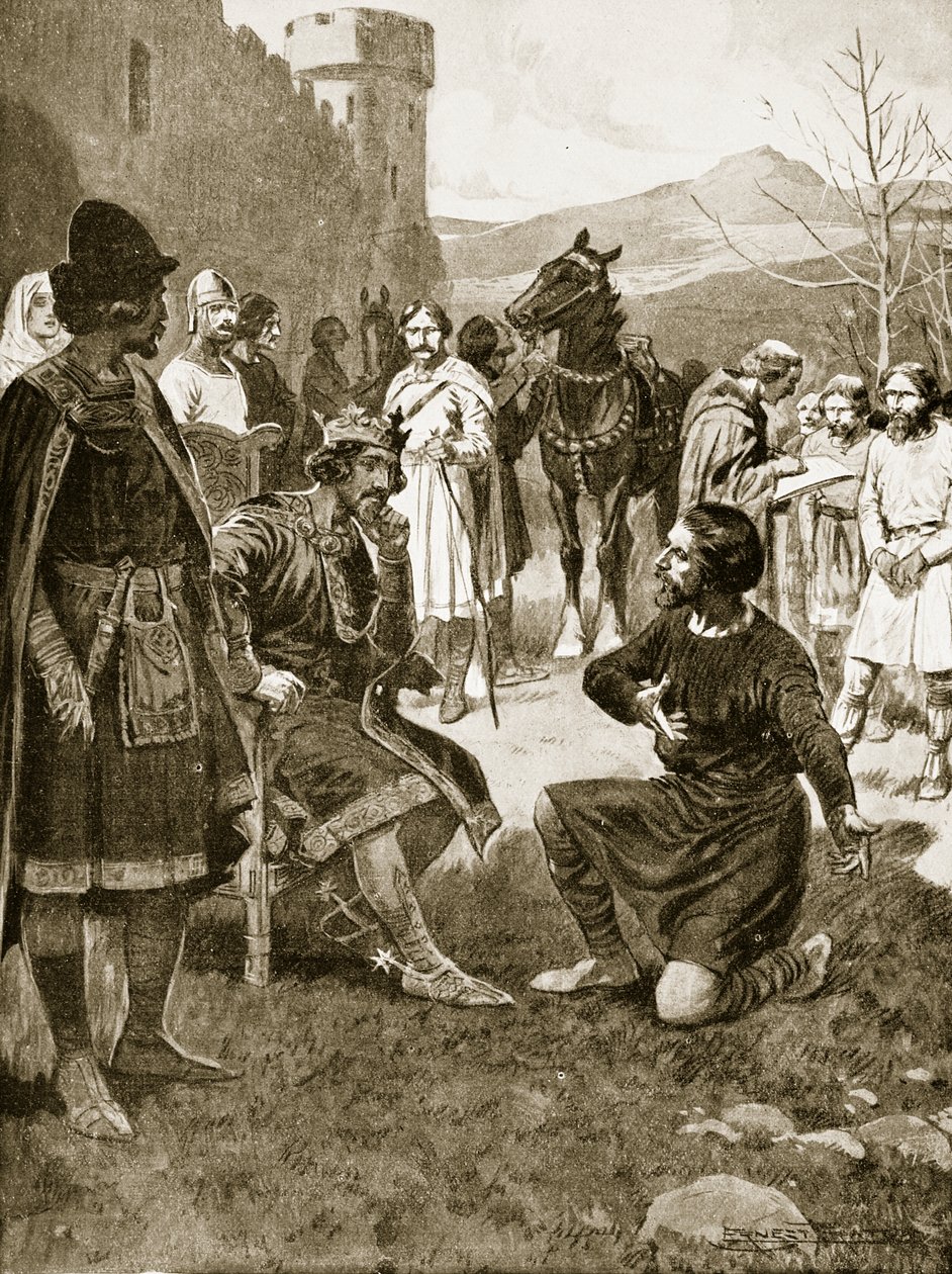 David, rei dos escoceses, dispensa Justiça, ilustração da "Hutchinson&39;s Story ofthe British Nation", c.1920 de Ernest Prater
