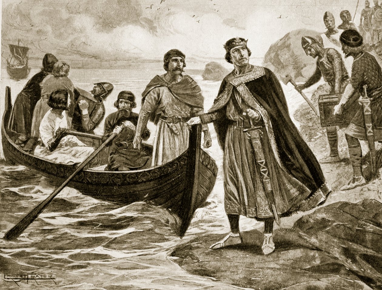 Ethelred, o Unready, que embarca para a Normandia, 1013, ilustração da "Hutchinson&39;s Story ofthe British Nation", c.1920 de Ernest Prater