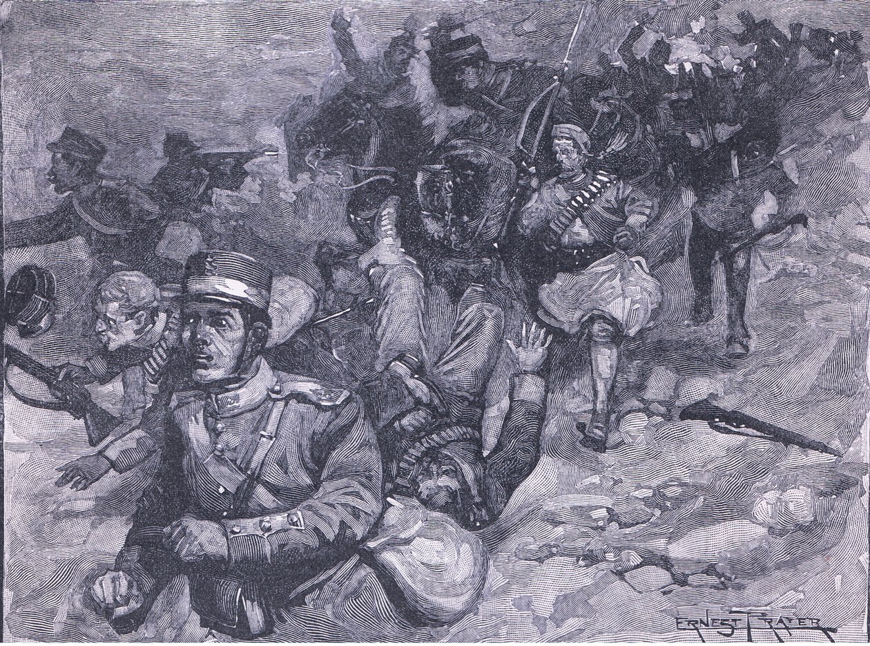 Vôo dos gregos em Larissa, ilustração fromCassells História da Inglaterra, de 1900 de Ernest Prater