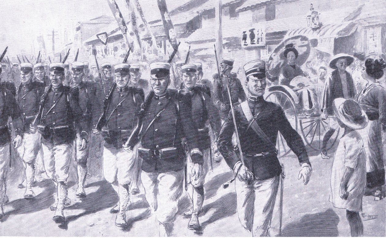 Marcha japonesa através de Tokio, ilustração fromCassells História da guerra russo-japonesa Vol 1, c.1900 de Ernest Prater