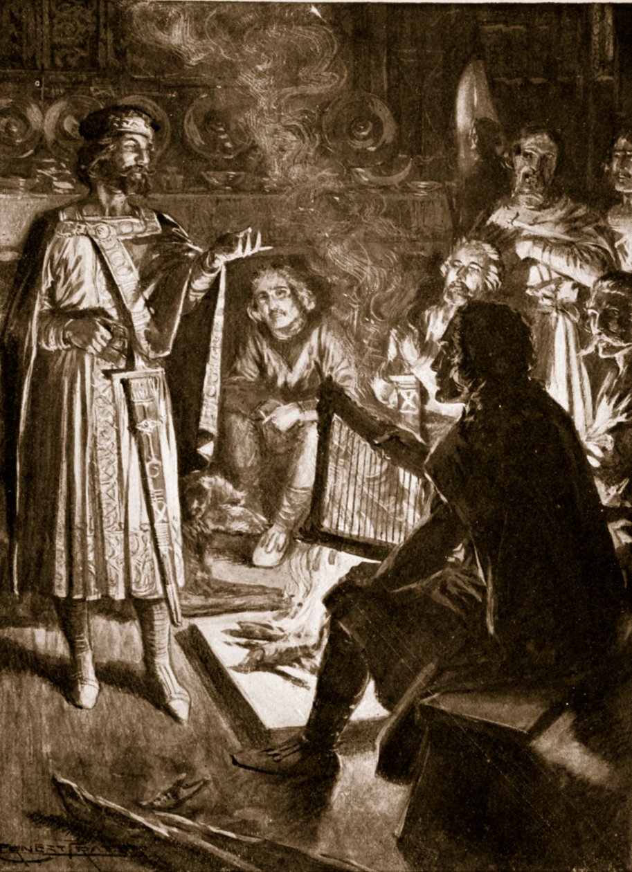 Rei Canuto e o Poeta, ilustração da "História da Nação Britânica" de Hutchinson, c.1920 de Ernest Prater