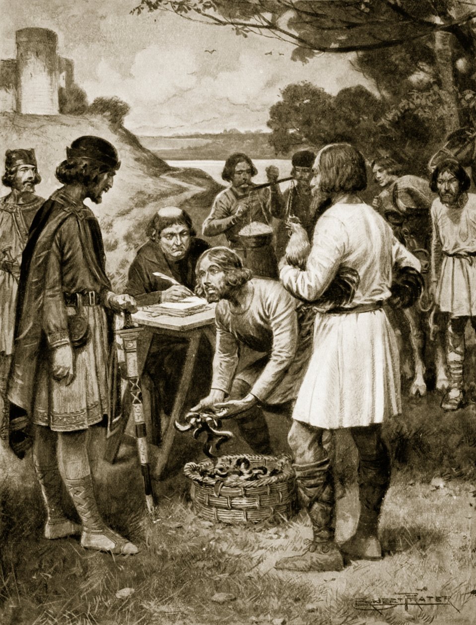 Pagando aluguel na época saxônica, ilustração de "Hutchinson