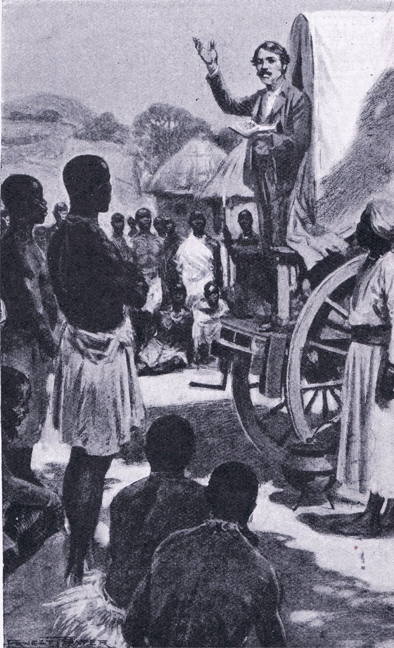 Pregando para o Makololo: Livingstone, ilustração deCassells Romance of Famous Lives, c.1940 de Ernest Prater