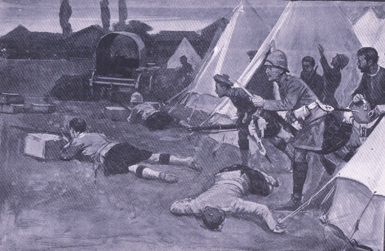 O ataque ao campo britânico no mercado de Jacobsdal, ilustração de After Pretoria: The Guerilla War, 1902 de Ernest Prater
