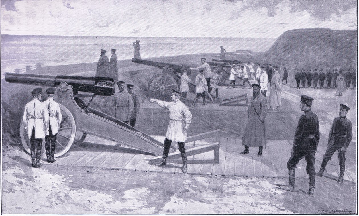 O investimento de Port Arthur. Em um dos portos que guardam o porto russo, ilustração deCassells História da Guerra Russo-Japonesa Vol 1, c.1900 de Ernest Prater