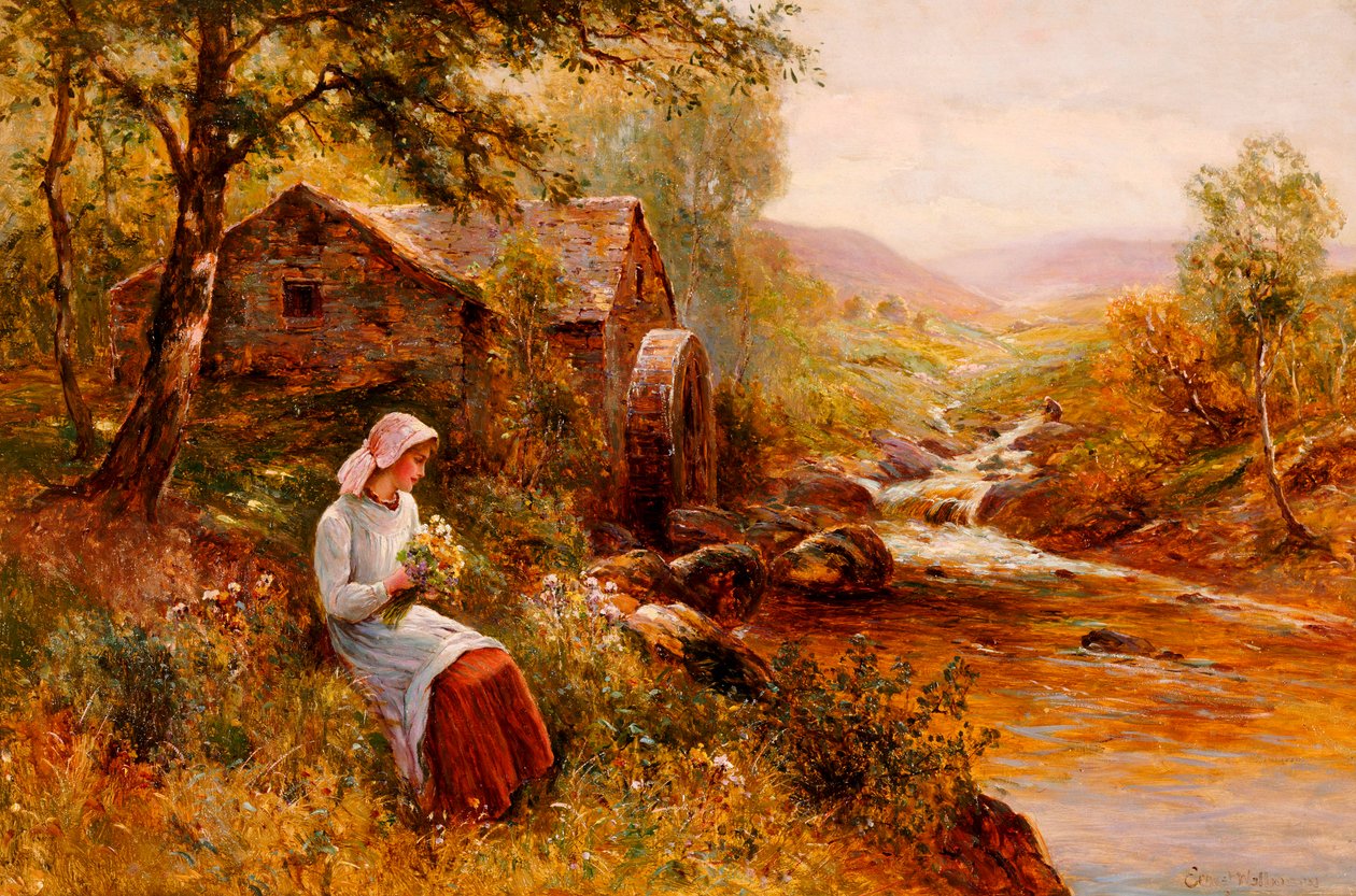 Uma jovem garota colhendo flores da primavera de Ernest Walbourn