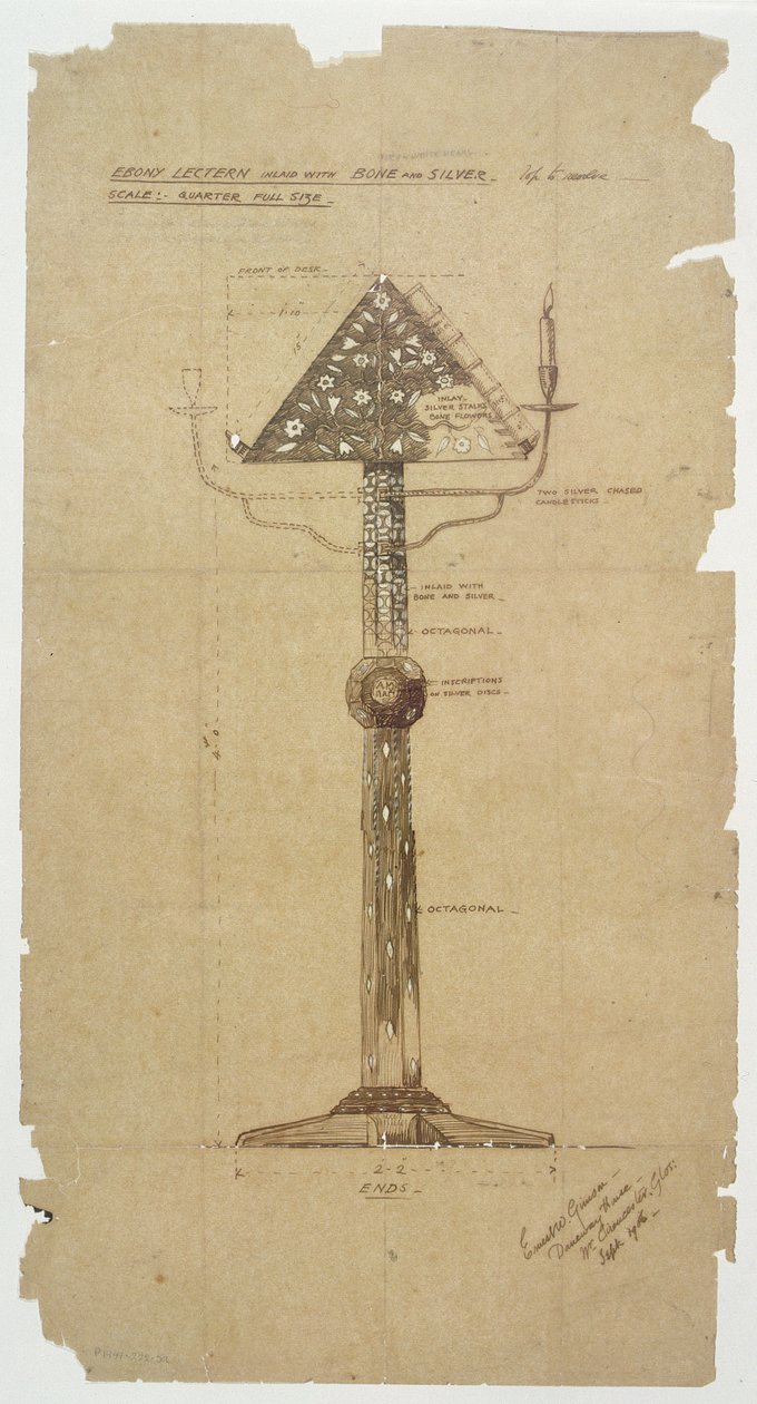 Design para Ebony Atril incrustado com osso e prata para Igreja de St. Andrews, Roker 1906 (caneta e tinta sobre papel) de Ernest William Gimson