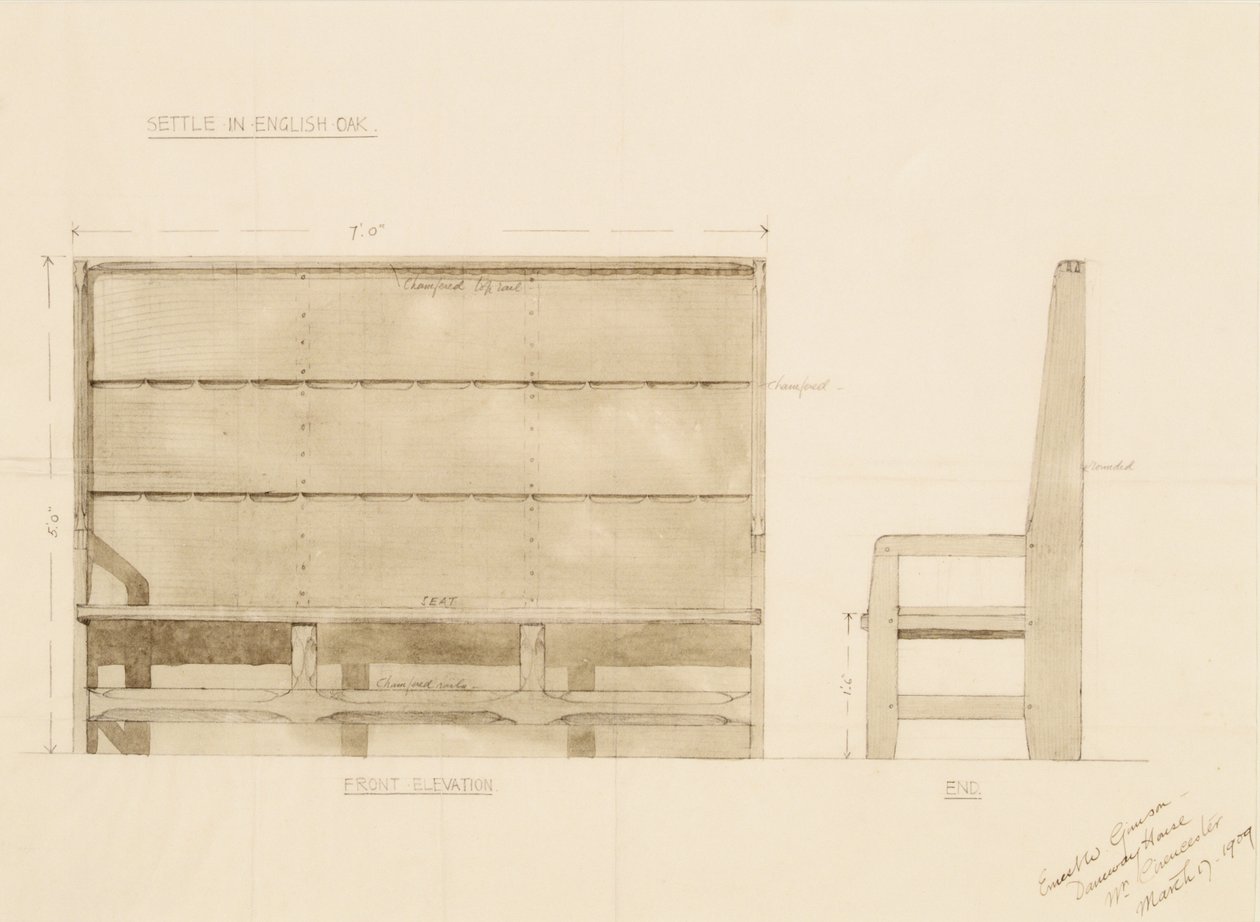 Design para Settle em Inglês Oak, 1909 (caneta com wc no papel) de Ernest William Gimson