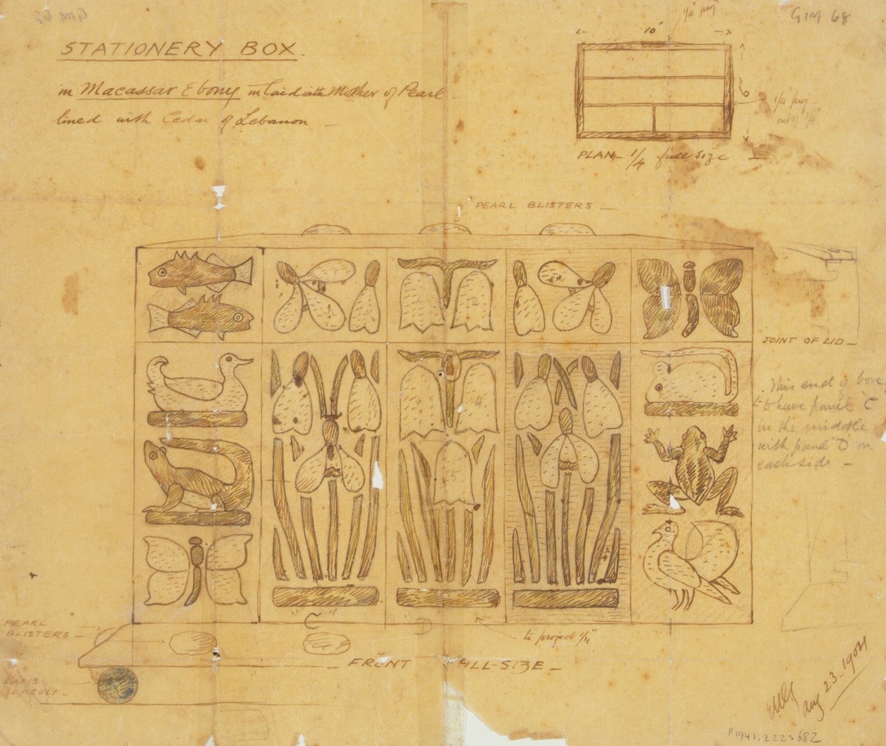 Design para caixa de papelaria em Macassar Ebony incrustada com madrepérola, 1904 de Ernest William Gimson